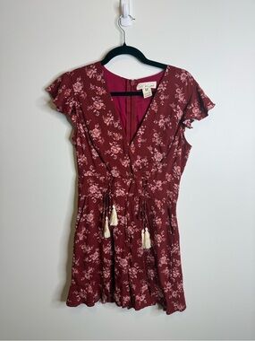 Lost in lunar Floral Romper in red lace up fringe size medium western